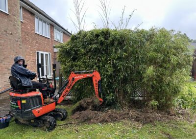 A garden during bamboo removal using a mini digger and driver hire service by The Mini Digger Guy